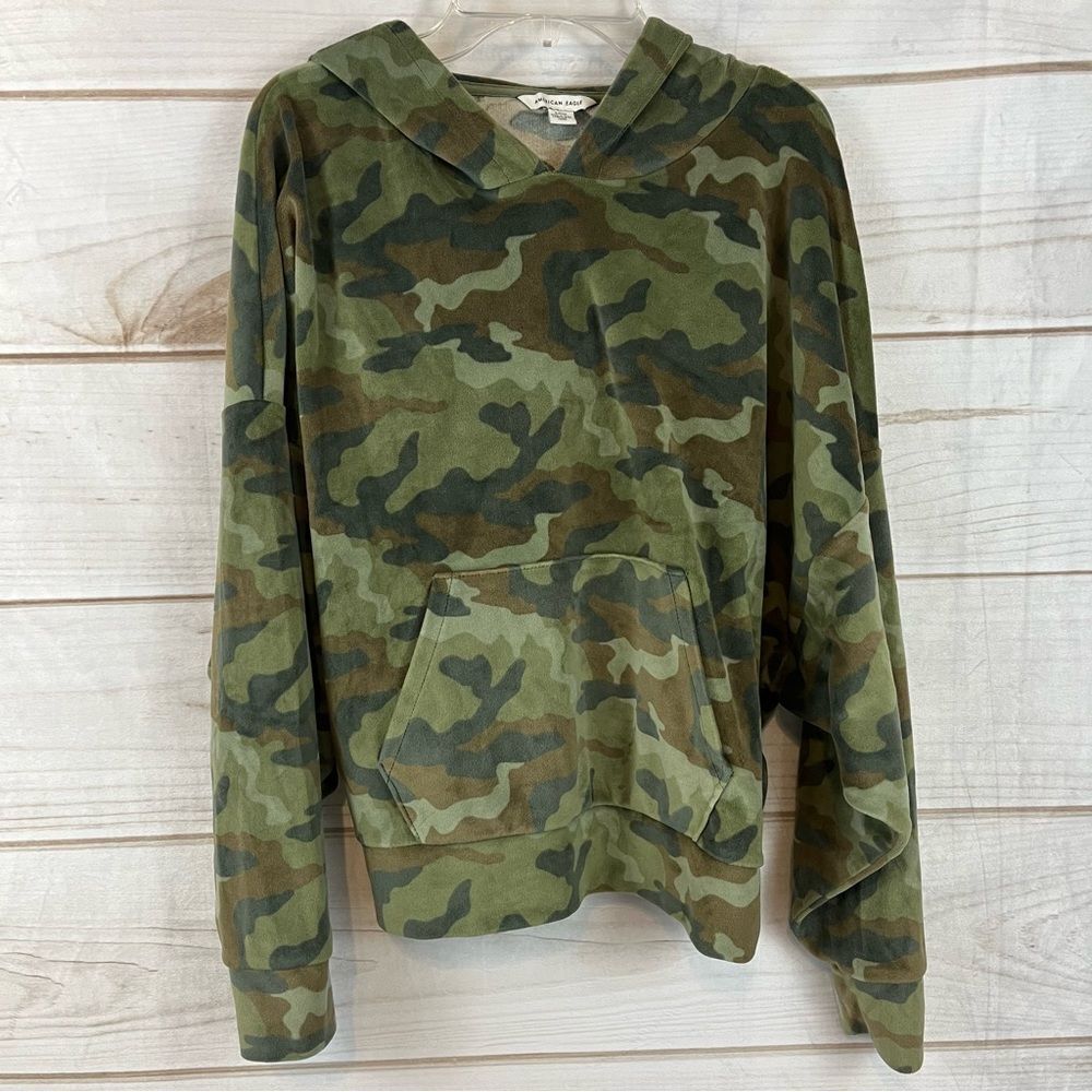 American Eagle Green Camo Plush Velveteen Pullover Dolman Sleeve Hoodie Small